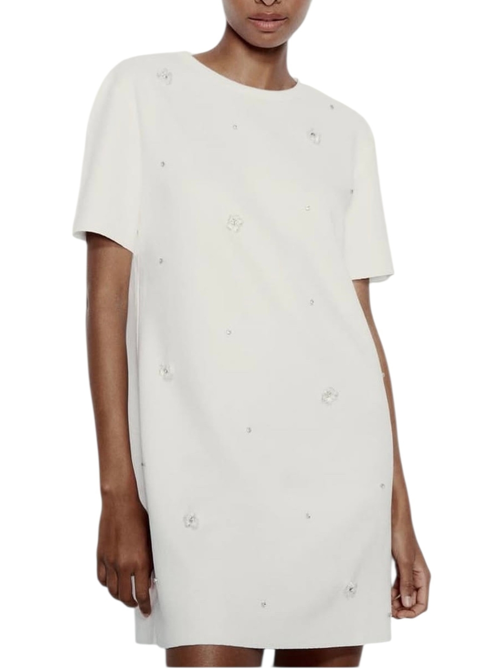 Zara Faux Suede Rhinestone Mini Shift Dress White Ivory L Embellished Mod Glam